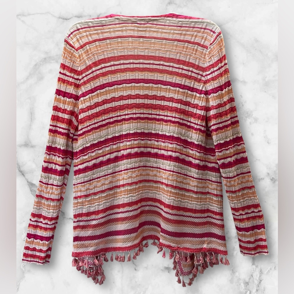 Chico’s Striped Pink White Fringed Open Front Cardigan Sweater Boho Size M - Picture 5 of 12